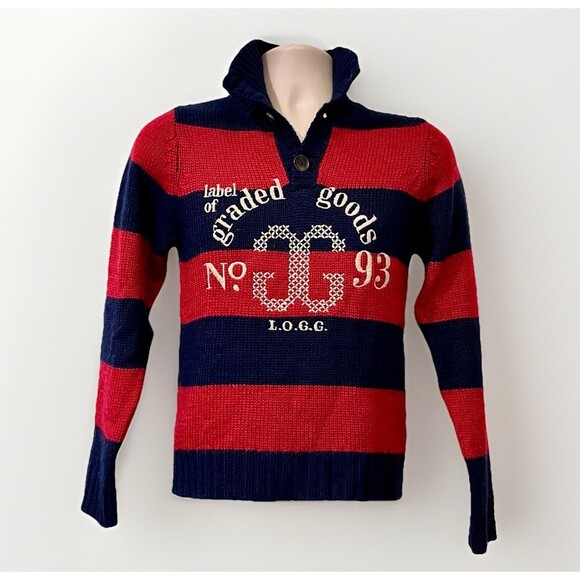 LOGG “GG” Wool Mock Neck Nautical Preppy Logo Sweater Boys 11/12 Blue Red Stripe - Picture 1 of 6